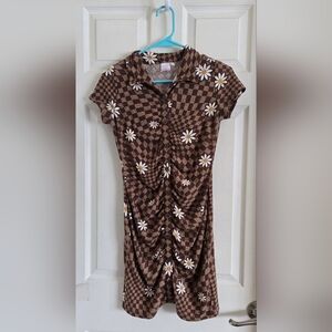 Brown Checkered Floral Rouched Mini Dress